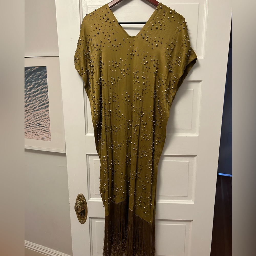 Rachael Comey Satin Olive Beaded Poncho